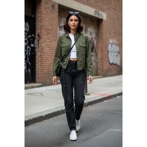 Utility Cropped Jacket Women M Olive Zip Lightweight Cargo Minimalist Casual